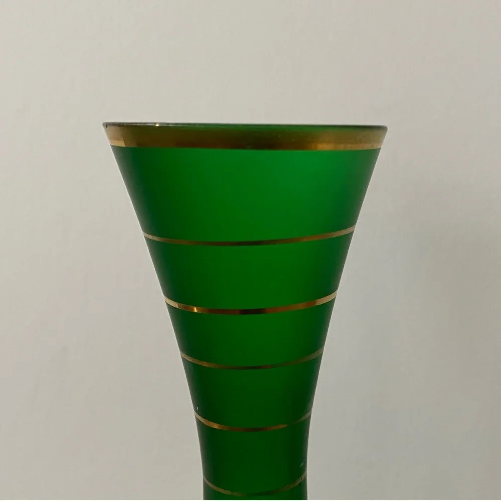 Vintage Green Satin Art Glass Vase Gold Stripes 10” Tall Hourglass Shape Pretty
